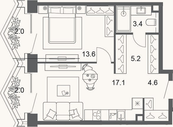 Планировка: 2-к, 43,8 м²