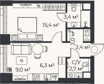 Планировка: 2-к, 41,1 м²