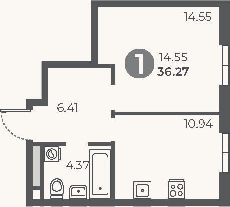 Планировка: 1-к, 36,3 м²