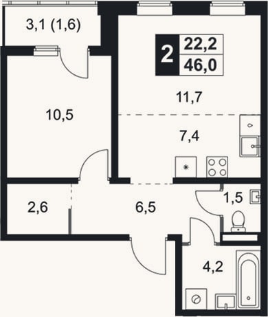 Планировка: 2-к, 44,4 м²