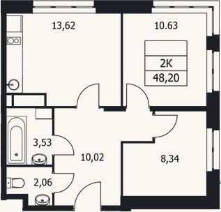 Планировка: 2-к, 48,2 м²