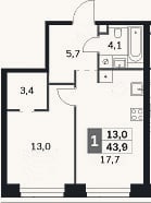 Планировка: 1-к, 43,9 м²