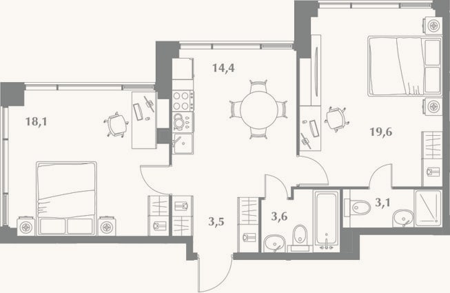 Планировка: 2-к, 62,3 м²