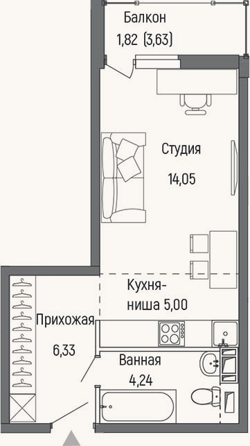Планировка: Студия, 29,6 м²