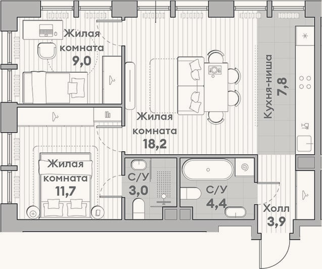 Планировка: 3-к, 58 м²