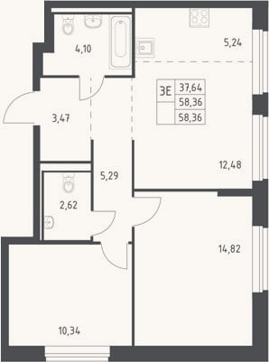 Планировка: 3-к, 58,4 м²