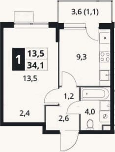 Планировка: 1-к, 33 м²