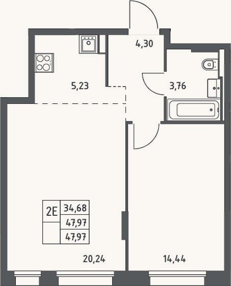 Планировка: 2-к, 48 м²
