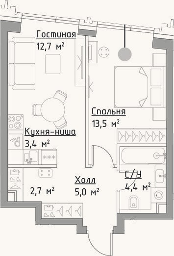Планировка: 2-к, 41,7 м²