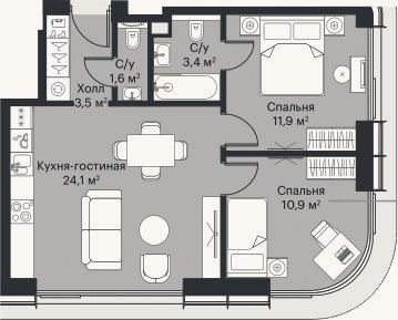 Планировка: 3-к, 53,6 м²