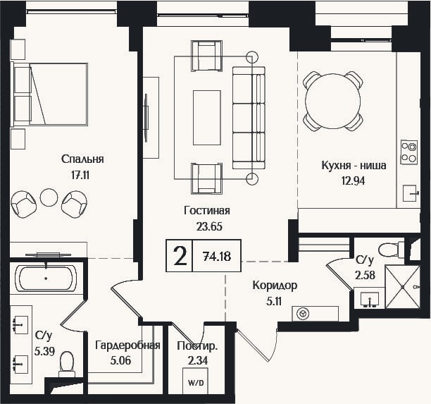 Планировка: 2-к, 74,2 м²
