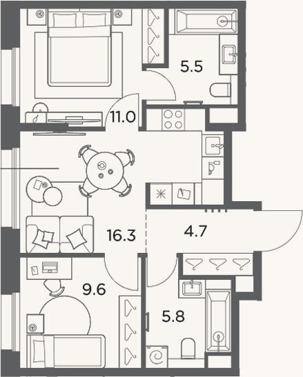 Планировка: 2-к, 52,9 м²