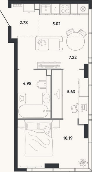Планировка: 1-к, 35,8 м²