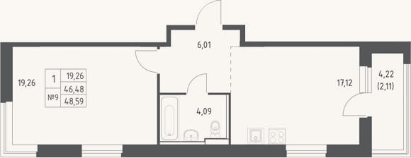 Планировка: 2-к, 46,5 м²