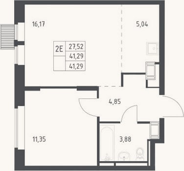 Планировка: 2-к, 41,3 м²