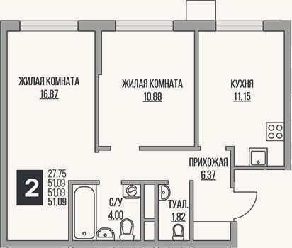 Планировка: 3-к, 51,1 м²