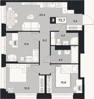 Планировка: 3-к, 72,7 м²