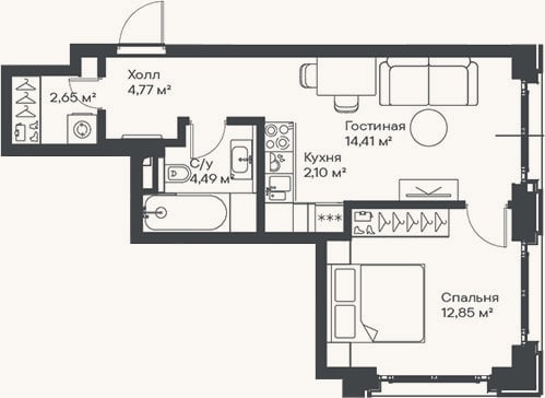 Планировка: 2-к, 41,3 м²