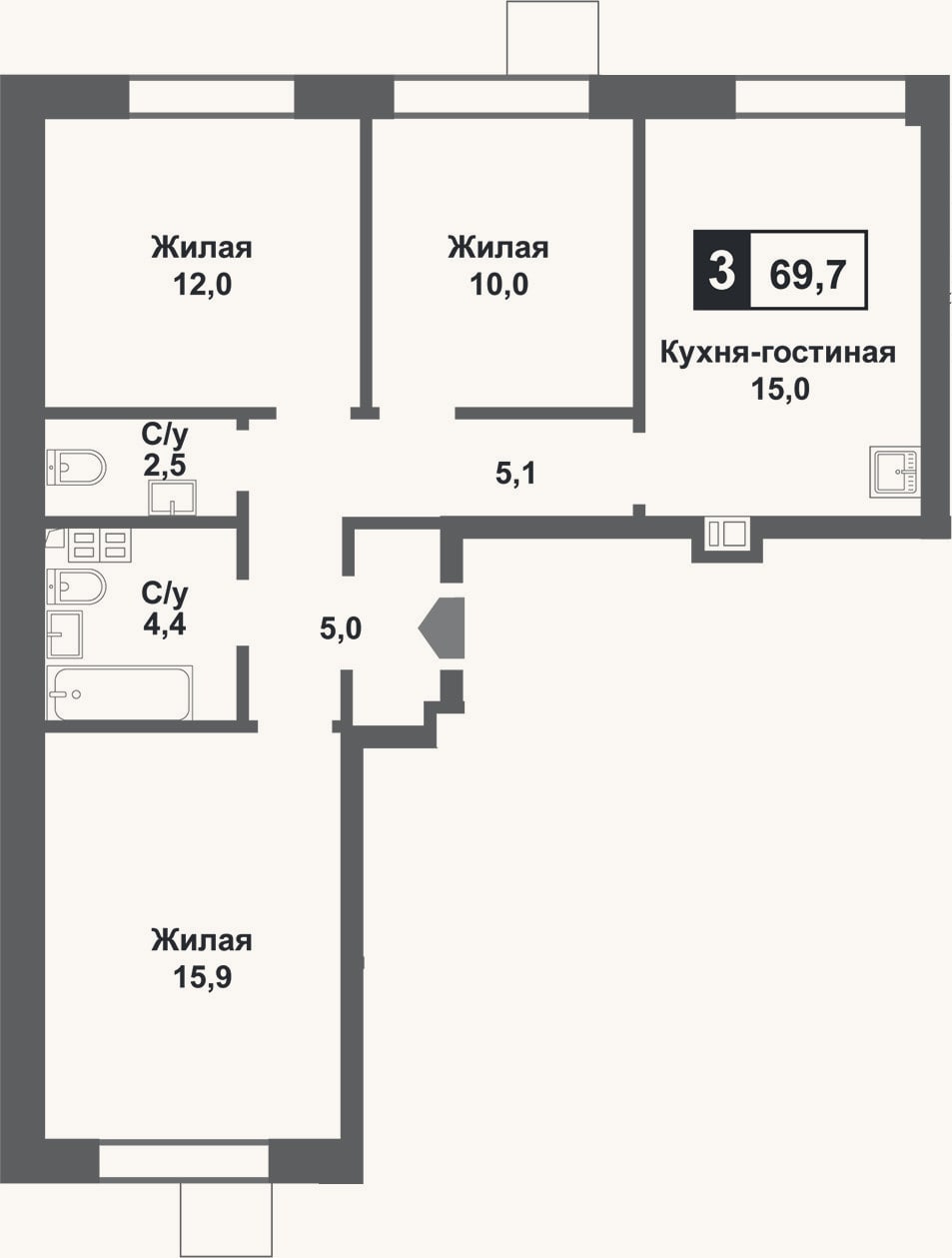 Планировка: 4+ к, 69,7 м²