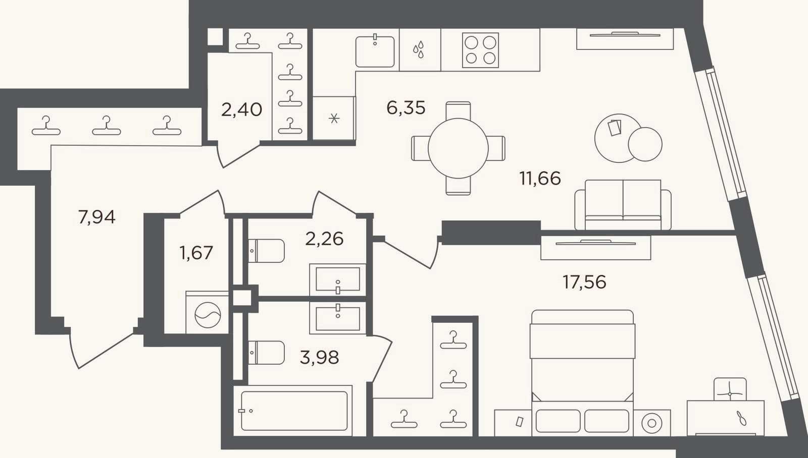 Планировка: 2-к, 53,8 м²