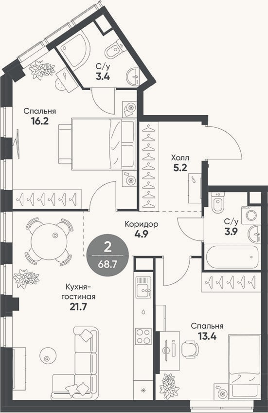 Планировка: 3-к, 68,7 м²