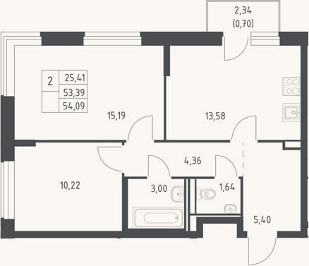 Планировка: 2-к, 53,4 м²