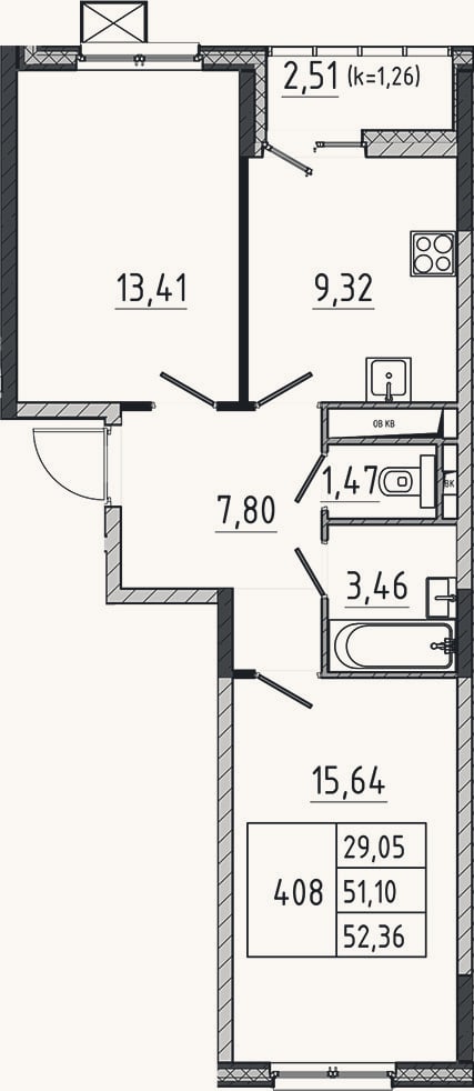 Планировка: 2-к, 51,1 м²