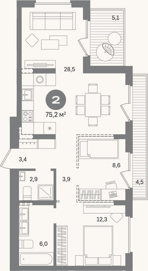 Планировка: 2-к, 65,6 м²