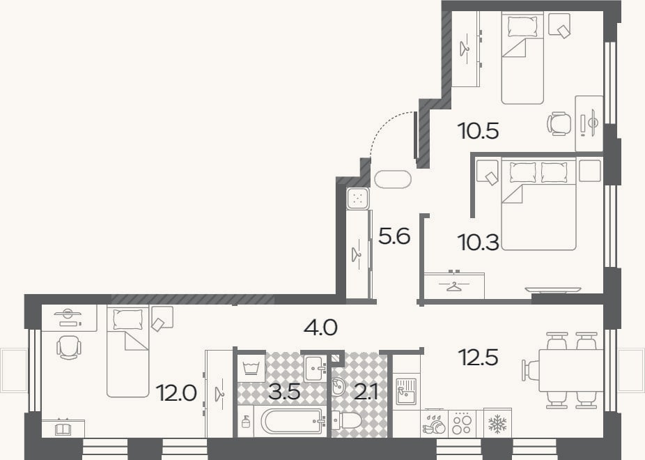 Планировка: 3-к, 60,5 м²