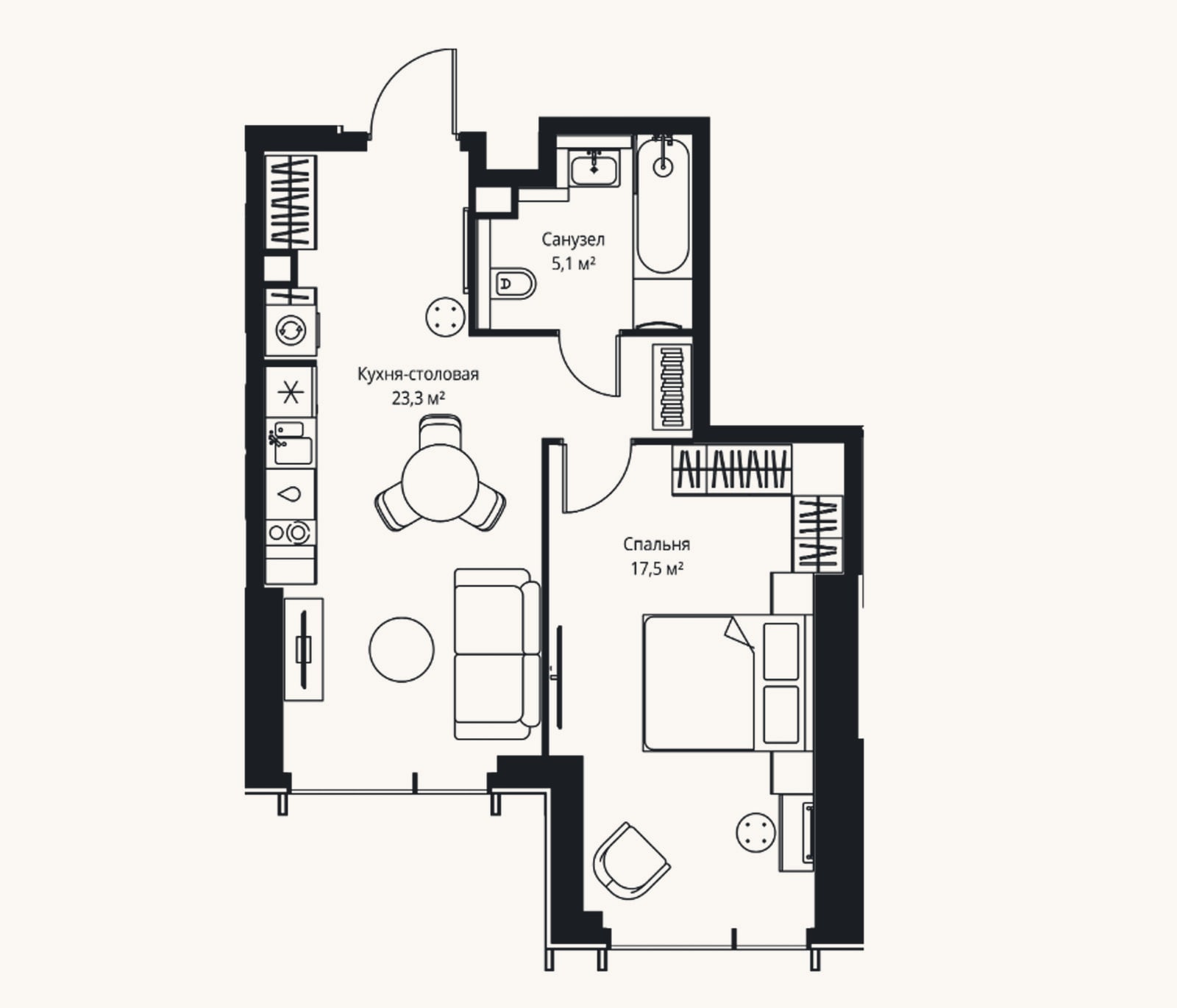 Планировка: 2-к, 45,9 м²