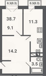 Планировка: 2-к, 38,1 м²