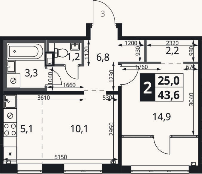 Планировка: 2-к, 43,6 м²