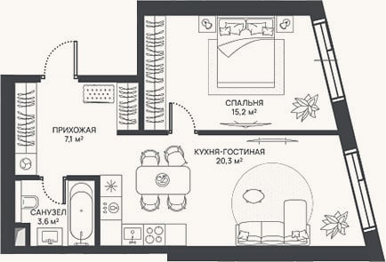 Планировка: 2-к, 46,2 м²