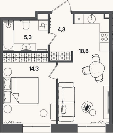 Планировка: 2-к, 42,7 м²