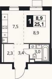 Планировка: Студия, 25,1 м²