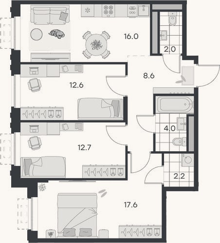 Планировка: 3-к, 75,7 м²