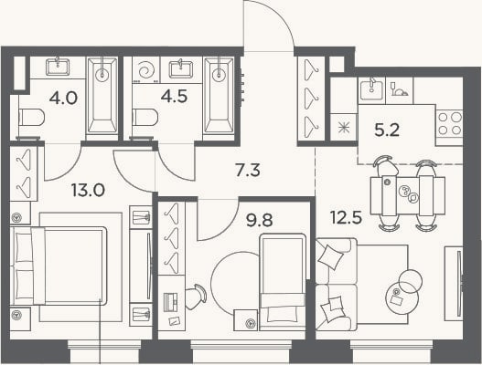 Планировка: 3-к, 56,3 м²