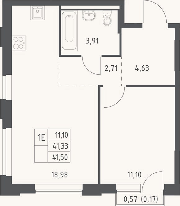 Планировка: 2-к, 41,3 м²