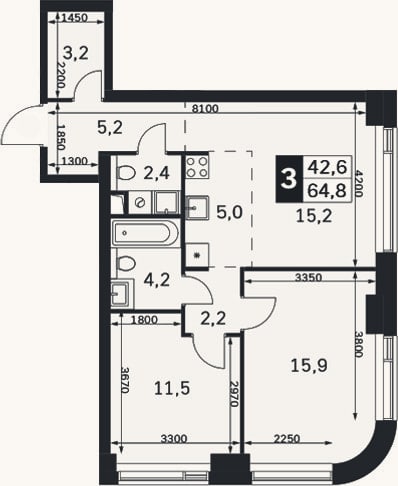 Планировка: 3-к, 64,8 м²