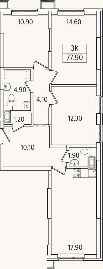 Планировка: 3-к, 77,9 м²