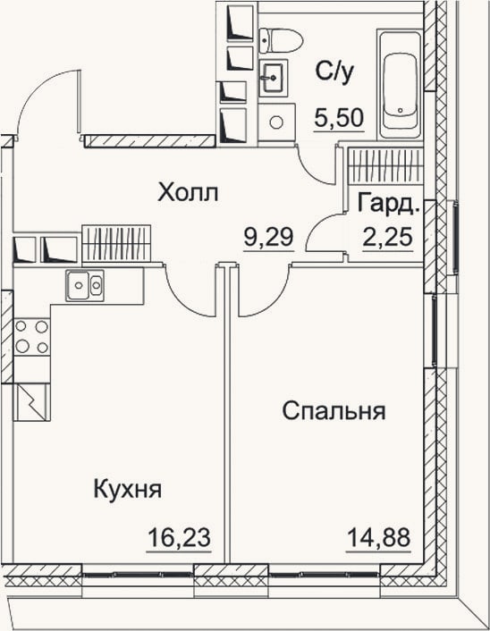 Планировка: 2-к, 48,2 м²
