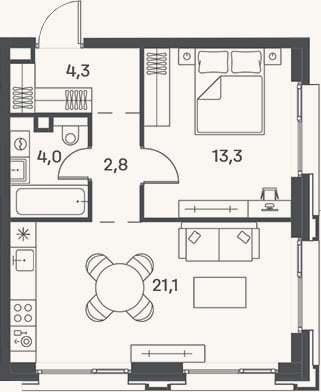 Планировка: 2-к, 45,5 м²