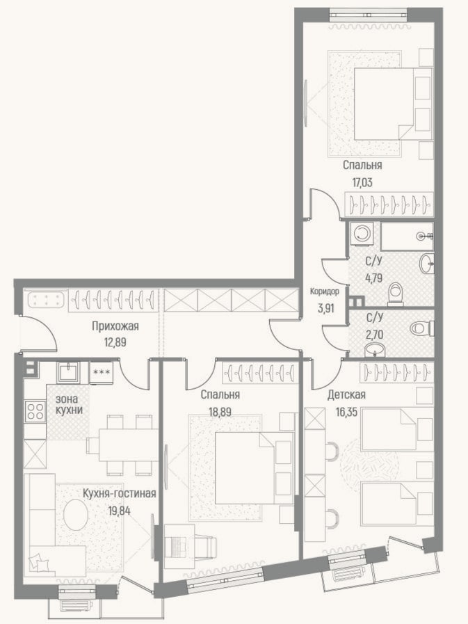 Планировка: 3-к, 96,4 м²