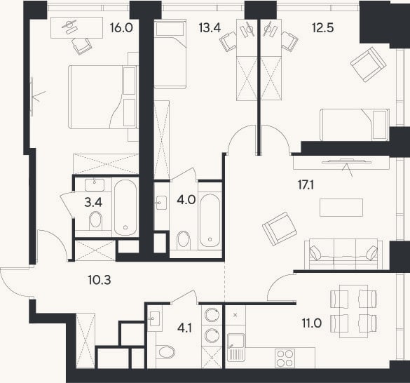Планировка: 4+ к, 91,8 м²