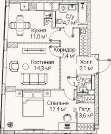 Планировка: 2-к, 62 м²