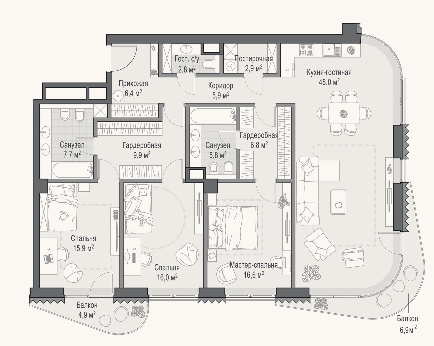 Планировка: 3-к, 145,5 м²