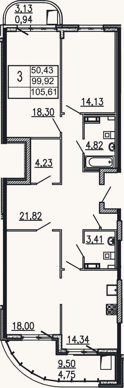 Планировка: 3-к, 99,1 м²