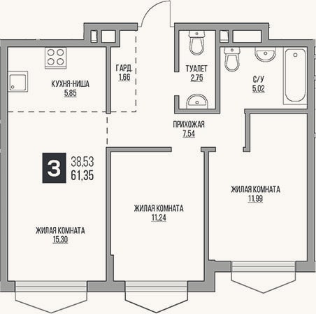 Планировка: 3-к, 61,4 м²