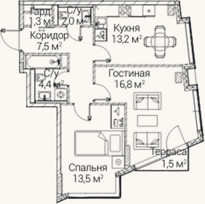Планировка: 2-к, 57,7 м²