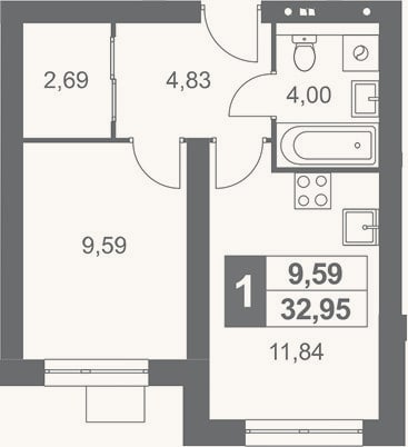Планировка: 1-к, 33 м²